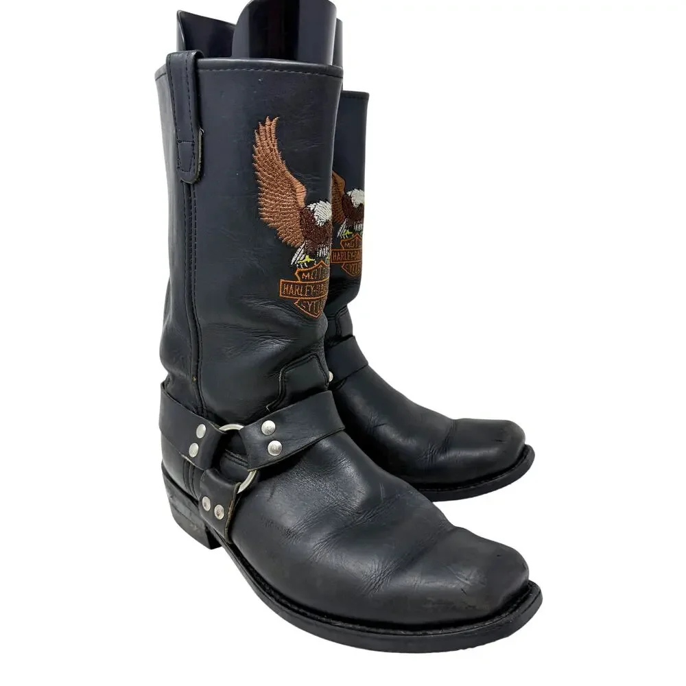 Harley-Davidson Black Leather Harness Moto Boots 12 Pull On Eagle/Crest Design